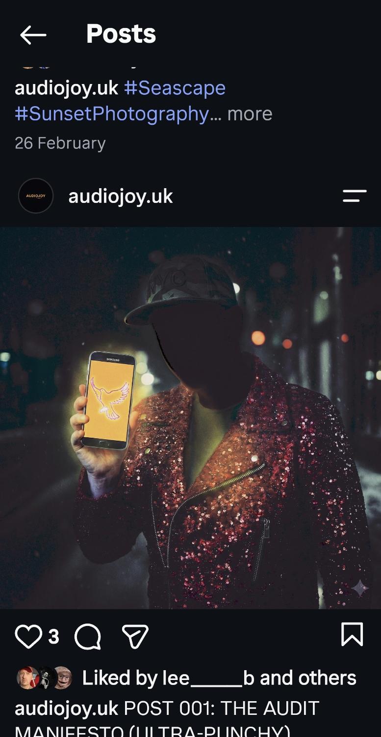 Figure in sequin jacket holding a phone with glowing dove