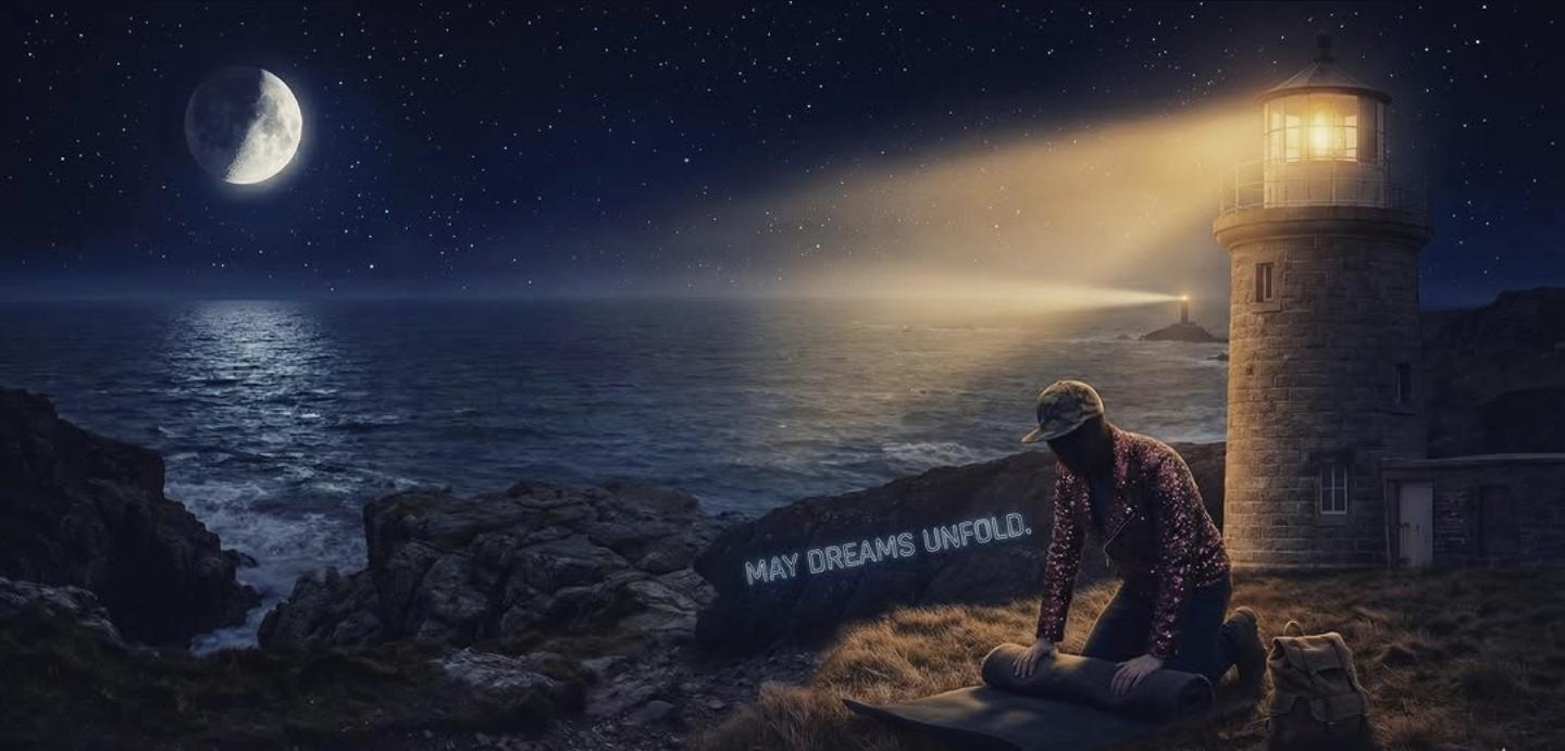 Night coastal landscape with moon, lighthouse beam and kneeling figure beside glowing text MAY DREAMS UNFOLD