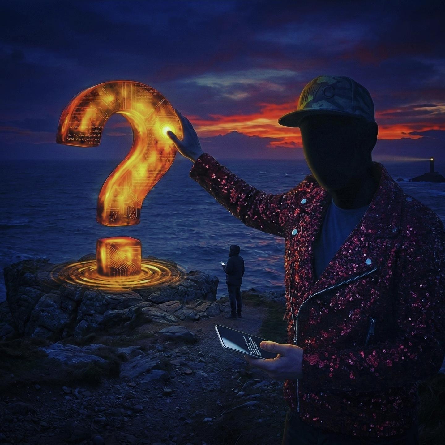 Masked figure in sequin jacket reaching toward a molten gold circuit question mark on a dusk clifftop